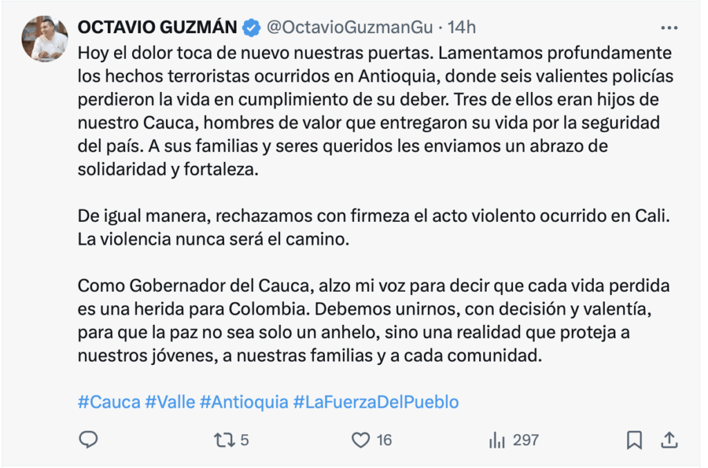 Pronunciamiento del gobernador Octavio Guzmán sobre el ataque en Amalfi - Meridiano Regional Pronunciamiento del gobernador del Cauca, Octavio Guzmán, sobre el ataque en Amalfi Antioquia, donde murieron 12 policías, entre ellos tres caucanos.